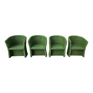 Vintage Skirted Barrel Back Peridot Green Wicker Chairs, Set of 4 For Sale