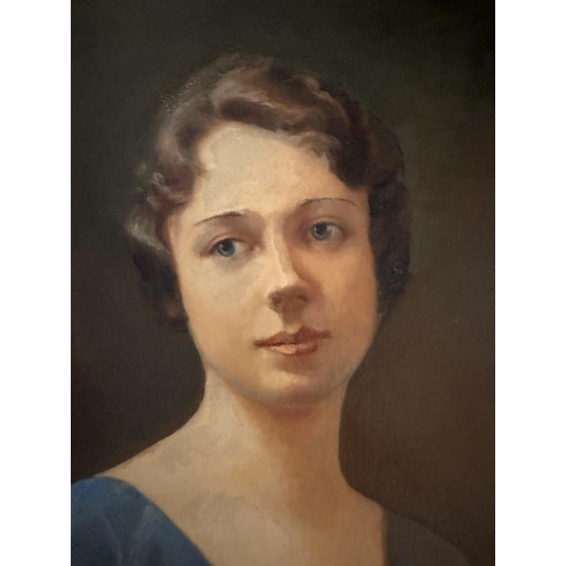 A charming, original oil on canvas board portrait painting by artist Elizabeth Nugent. Features a lovely young lady in a...