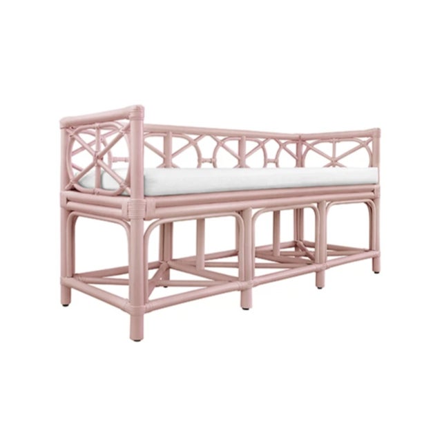 Contemporary Feguson Pink Rattan Linen Cushioned Bench For Sale - Image 3 of 7