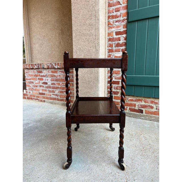 Antique English Barley Twist Tea Trolley Bar Cart Table Tiger Oak Dumbwaiter For Sale - Image 9 of 18