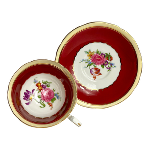 Vintage Aynsley Maroon Burgundy Floral Teacup & Saucer, Gold Trim, Iris, Primrose, Peoni, Violet, Mum