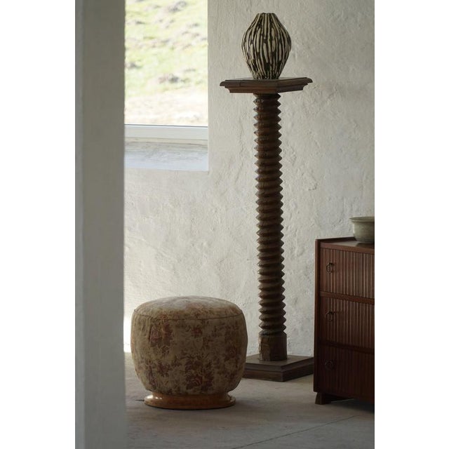 Art Deco Danish Sculptural Round Stool in Fabric & Burl Wood, 1940s For Sale - Image 11 of 15