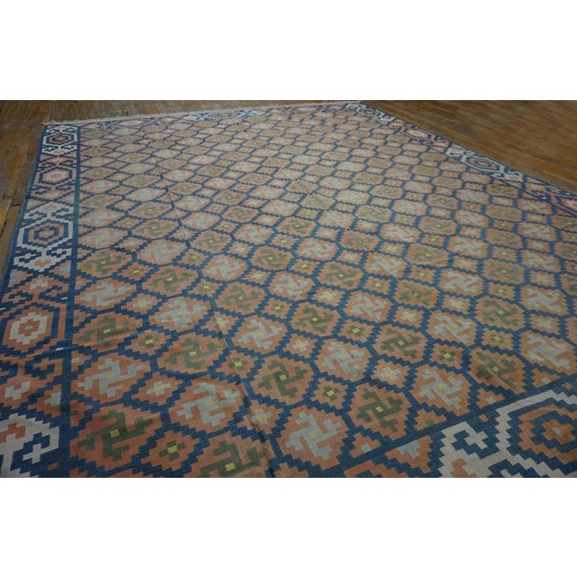 Indian 1930s Blue Orange Geometric Antique Indian Cotton Dhurrie Carpet Flatwoven Rug For Sale - Image 3 of 12
