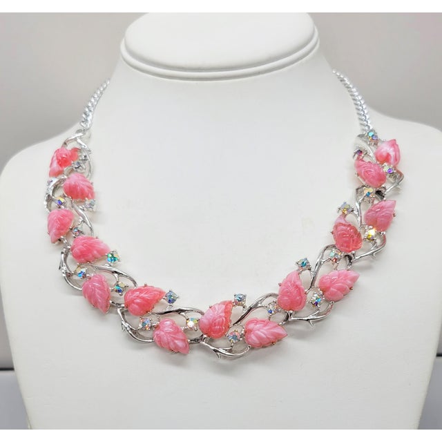 Vintage 1950s Rhodium Plated Pink Tutti Frutti Leaf Necklace For Sale - Image 4 of 8