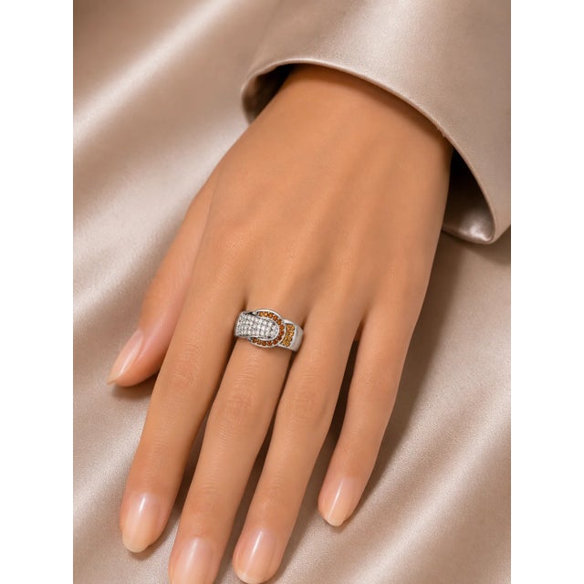 Art Deco 14K White Gold Garnet Champagne Diamond Belt Buckle Band Ring For Sale - Image 3 of 3