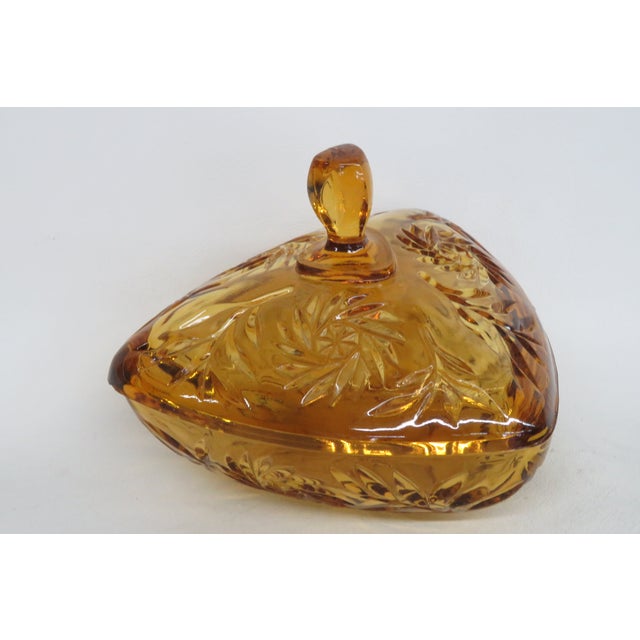 Mid 20th Century Hazel Atlas Amber Glass Lidded Triangle Dish With Embossed Leaf Pattern 5085b For Sale - Image 5 of 14
