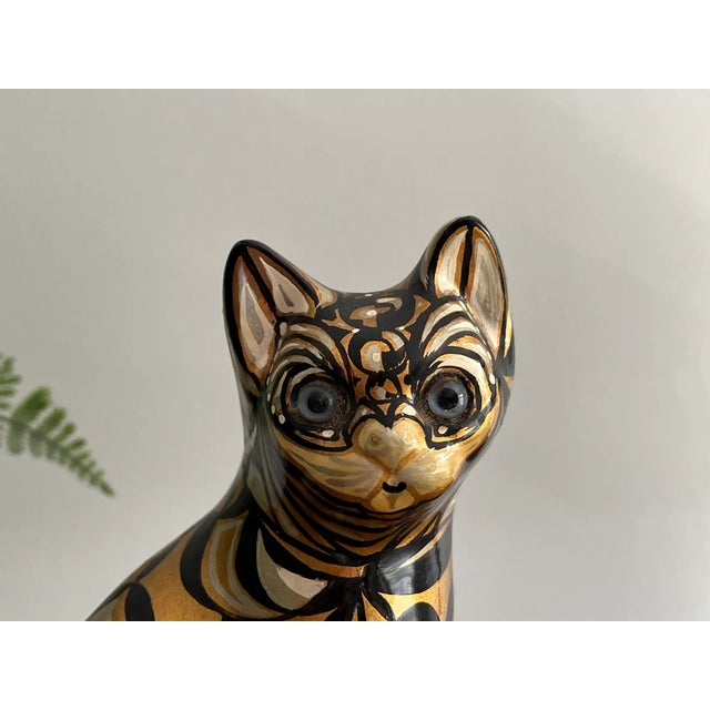 1980s Modernist Sitting Golden Cat Sculpture - Hand Painted Gilt Gold With Blue Glass Eyes For Sale - Image 4 of 10