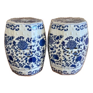 Chinoiserie Blue & White Peony Hexagon Garden Stools - A Pair For Sale