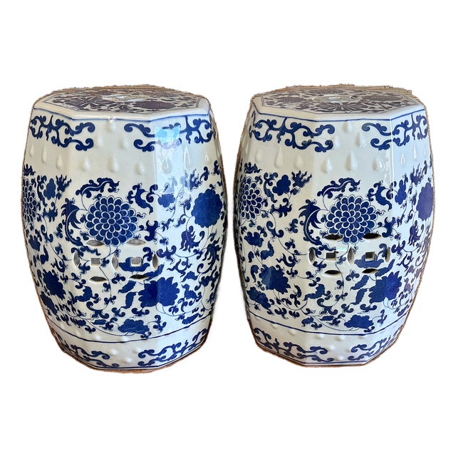 Chinoiserie Blue & White Peony Hexagon Garden Stools - A Pair For Sale