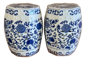 Chinoiserie Blue & White Peony Hexagon Garden Stools - A Pair
