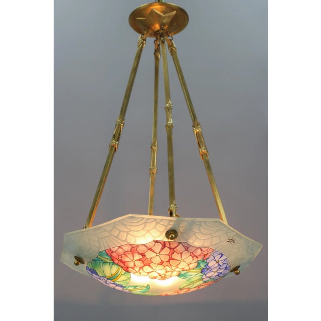 Art Deco Enameled Glass Four-Light Pendant Chandelier from Loys Lucha, 1930s For Sale - Image 6 of 18