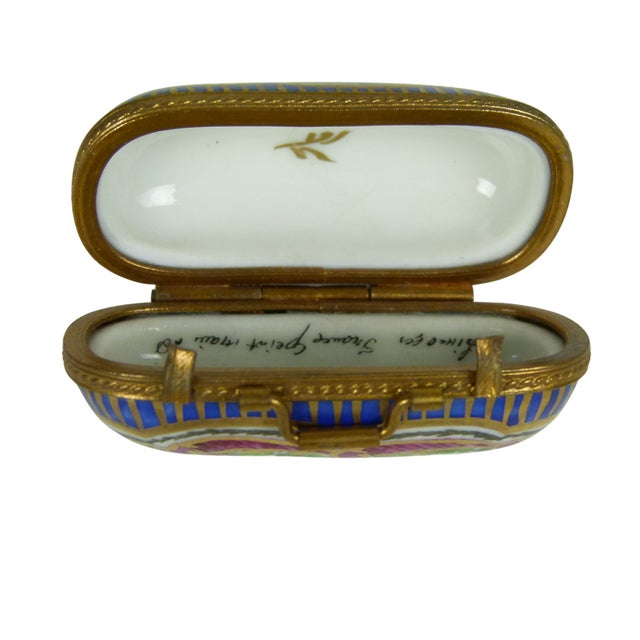 Limoges France Porcelain Suitcase Trinket Box | Hand Painted Floral Carpet Bag | Valise | Purse | Footed For Sale - Image 10 of 13