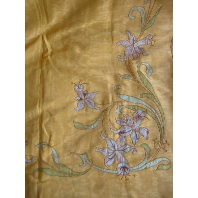 Yellow French Art Nouveau Yellow Moire Silk and Flowers Castle Curtains Drapes - A Pair For Sale - Image 8 of 12