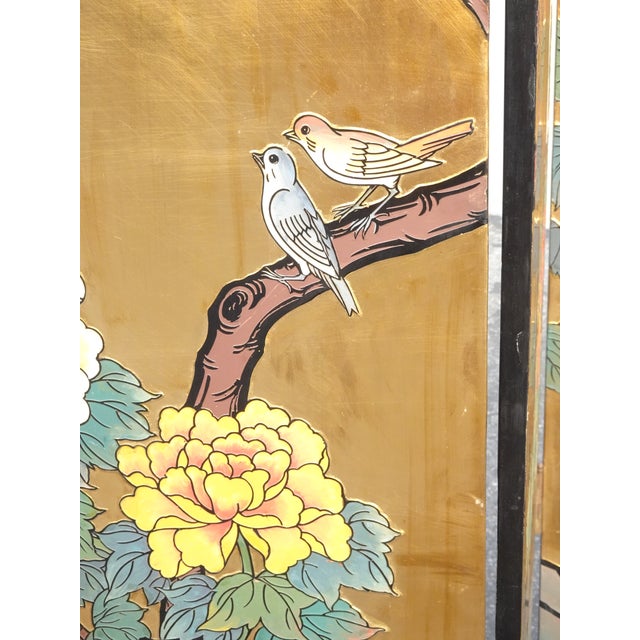 84" Tall Vintage Eight Panel Oriental Asian Gold Folding Screen Room Divider W Birds For Sale - Image 9 of 13