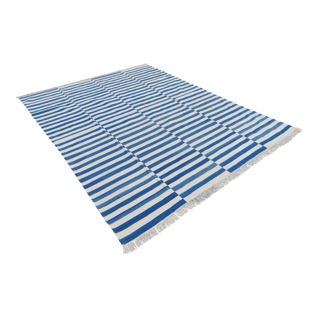 Handmade Cotton Striped Rug, Up Down Stripe Blue and White - 12'x12' For Sale