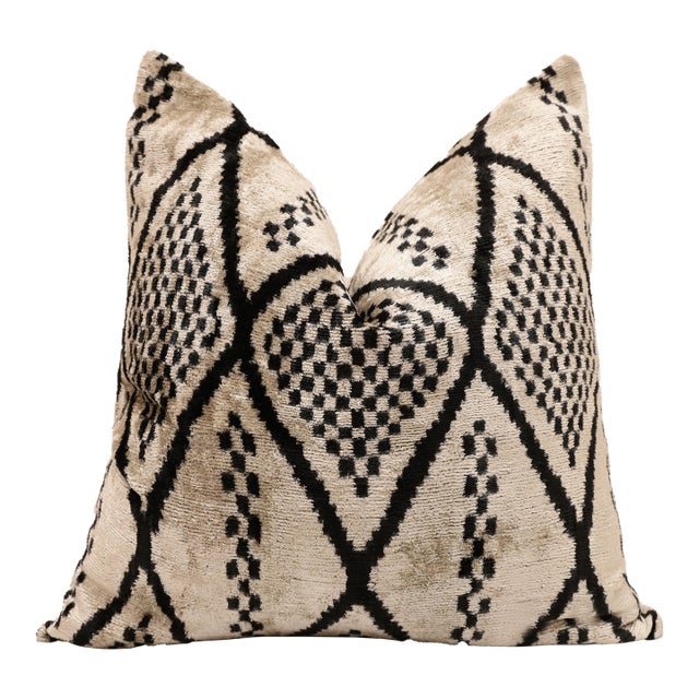 Black & Ivory Geometric Silk Velvet Pillow 20x20 | Handmade Designer Cushion For Sale