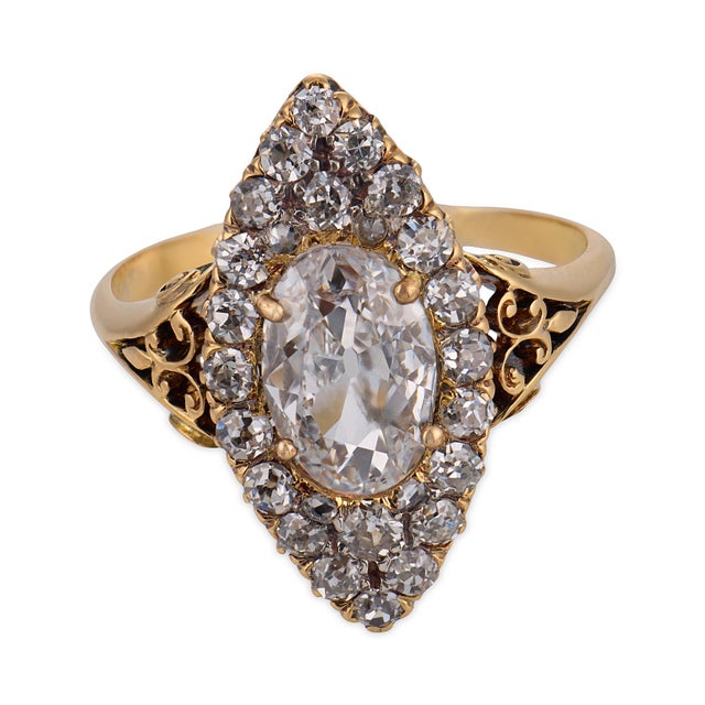 Victorian Late 19th Century Victorian Gia 1.30 Carat Diamond 18k Yellow Gold Navette Ring, Size 7.75 For Sale - Image 3 of 6