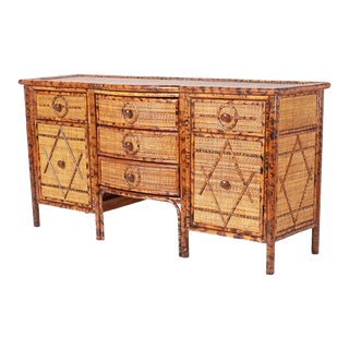 Mid Century Burnt Bamboo and Grasscloth Credenza or Sideboard For Sale