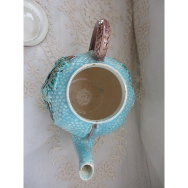 Antique England Majolica Basket Weave With Leaves Blue Teapot 7" Tall For Sale - Image 10 of 11