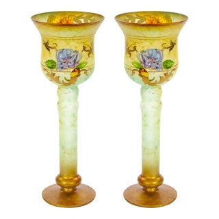 Pair of Mid-Century Modern Italian Venetian Art Glass Gilt & Painted Candlestick For Sale
