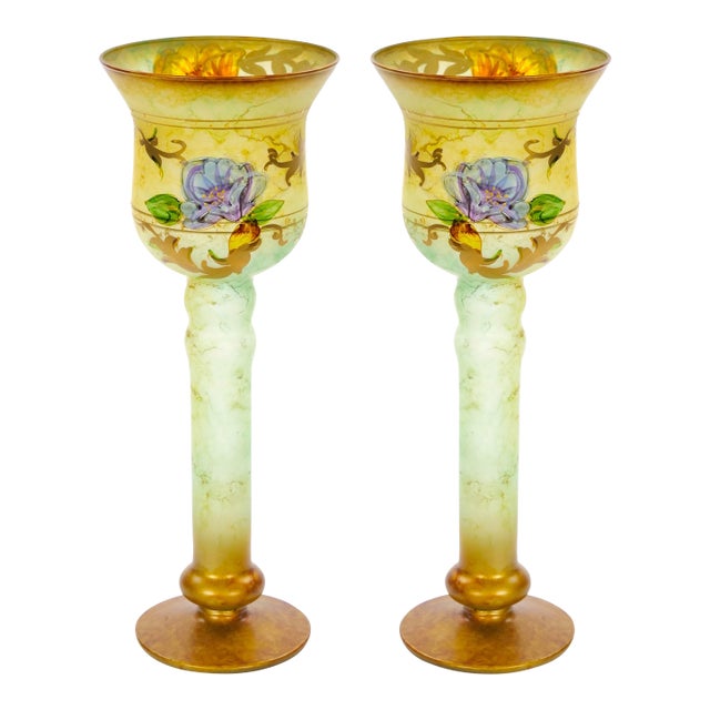 Pair of Mid-Century Modern Italian Venetian Art Glass Gilt & Painted Candlestick For Sale