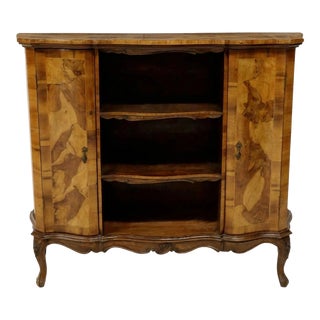 Vintage Venetian Italian Burlwood Patchwork Open Bookshelf / Buffet For Sale