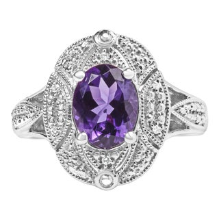 Hause of Brilliance Sterling Silver Oval Purple Amethyst and Round Diamond Accent Fashion Cocktail Ring (I-J Color, I1-I2 Clarity), Size 5 For Sale