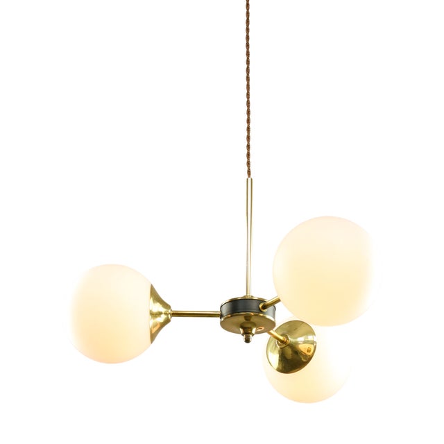 Mid-Century Modern Italian Pendant Light in Brass and Opaline Glass, 1960s For Sale