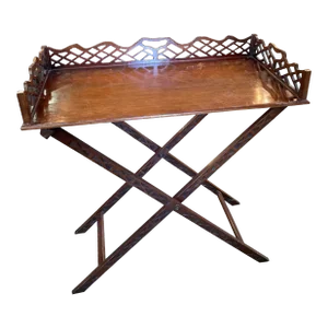 1920s Antique Pierced Mahogany Chippendale Style Folding Butler Tray and Stand