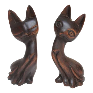 Pair of Mid-Century Witco Tiki Style Carved Wooden Cats by Alii Woods