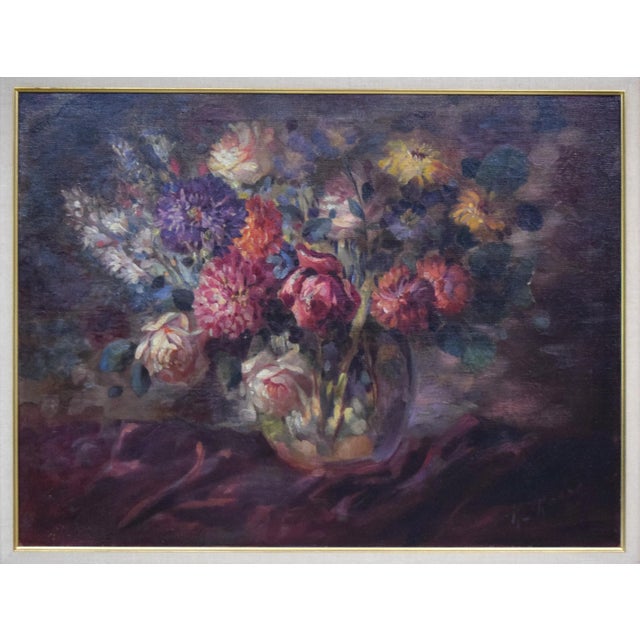 Large Vintage Floral Still Life Oil Painting With Roses For Sale - Image 4 of 10