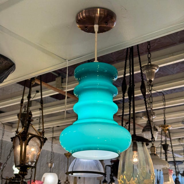 Flygsfors Vintage Swedish Flygsfors Teal Glass Pendant For Sale - Image 4 of 4