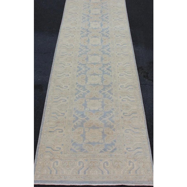 Afghan Khotan Runner With Geometric Design in Shades of Blue and Tan. For Sale In Atlanta - Image 6 of 12