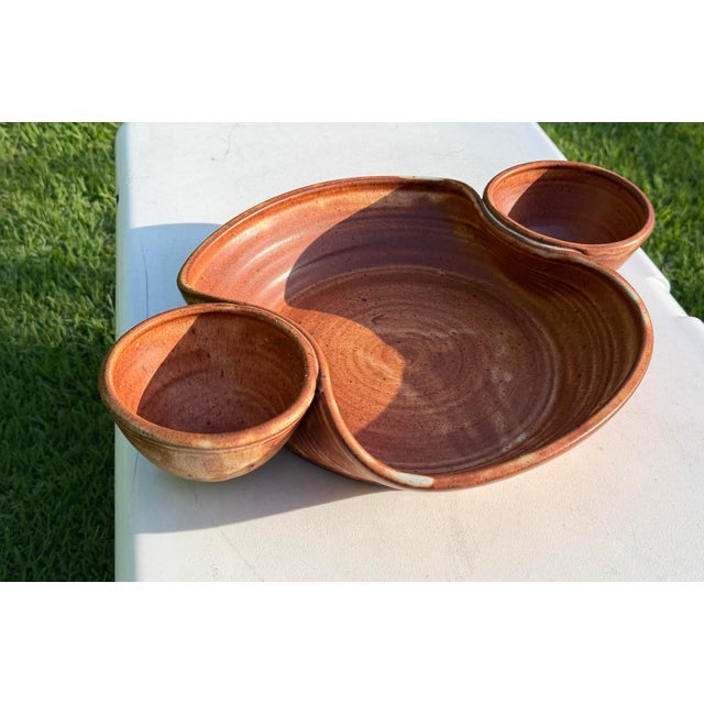 Brown Signed Studio Pottery Chip & Dip Serving Platter For Sale - Image 8 of 11