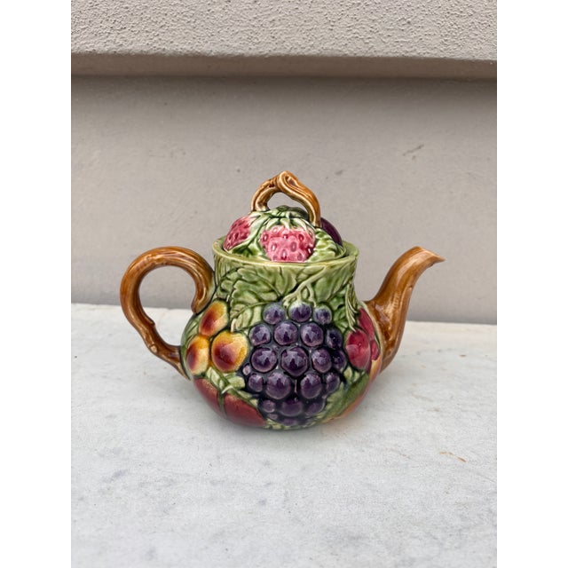 French Majolica Fruits Teapot Sarreguemines Circa 1930 ( grapes,cherries.plums,apples ,pears,strawberries)