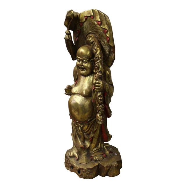 Asian Antique Gold Painted Carved Wood Happy Buddha Figure For Sale - Image 3 of 6