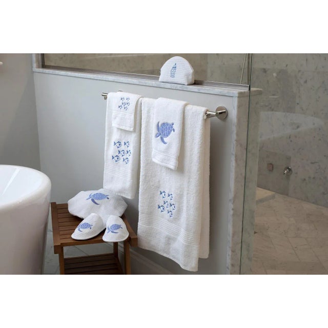 2020s Blue Coral Guest Towelin White Terry, Embroidered For Sale - Image 5 of 6