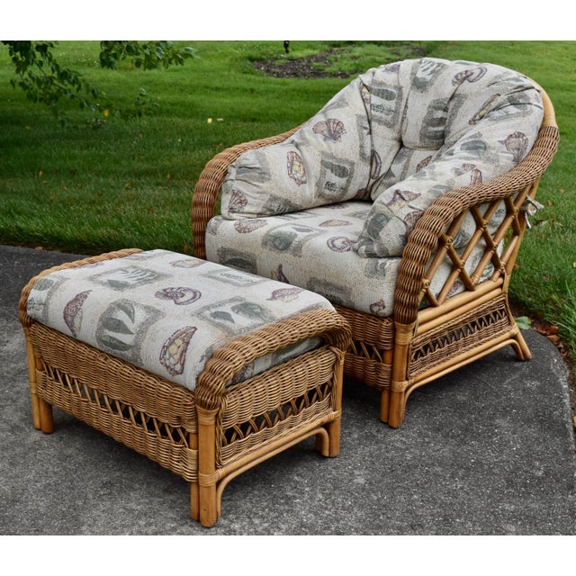 Beige Braxton Culler Rattan Wicker Lounge Accent Chair & Ottoman Set Coastal Boho For Sale - Image 8 of 16