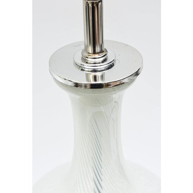 Aureliano Toso Vintage 60's Murano Aureliano Toso White Swirl and Chrome Glass Lamps With Original Glass Finials Pair Of For Sale - Image 4 of 9