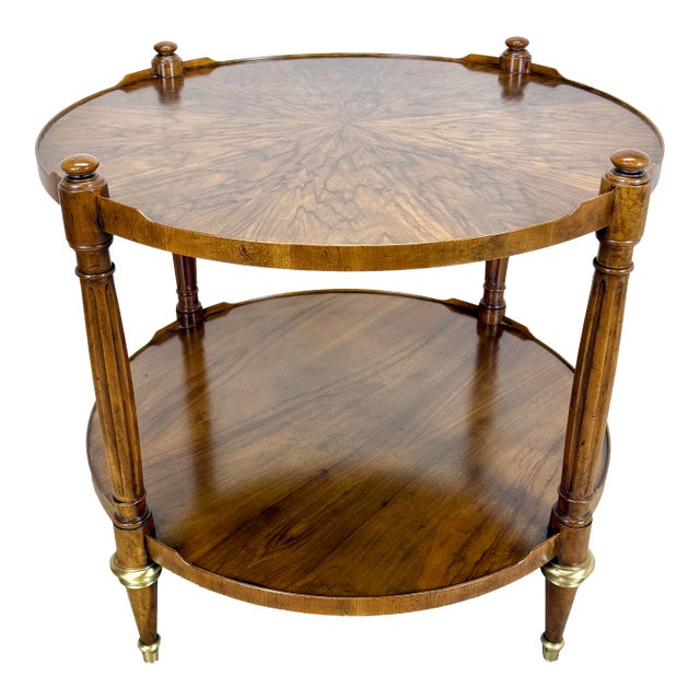Vintage Baker Furniture French Regency Louis XVI Style Burled Walnut & Brass Two-Tier Round Side Table For Sale