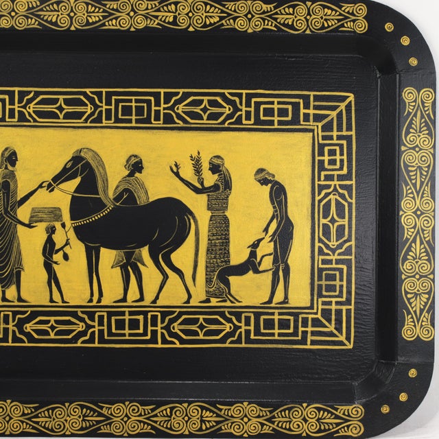 Early 21st Century Vintage Hand Painted Egyptian Revival Tole Tray Black and Gold Pharaoh Motif Rectangular Serving Tray For Sale - Image 5 of 12