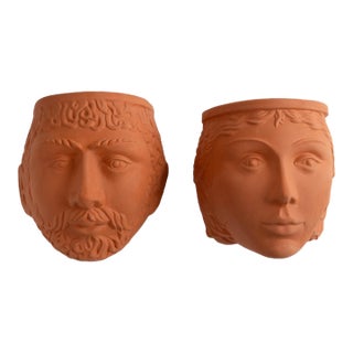 Vintage Terracotta God Goddess Face Wall Planters by Rookes Pottery, England - Set of Two For Sale