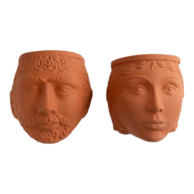 Vintage Terracotta God Goddess Face Wall Planters by Rookes Pottery, England - Set of Two For Sale
