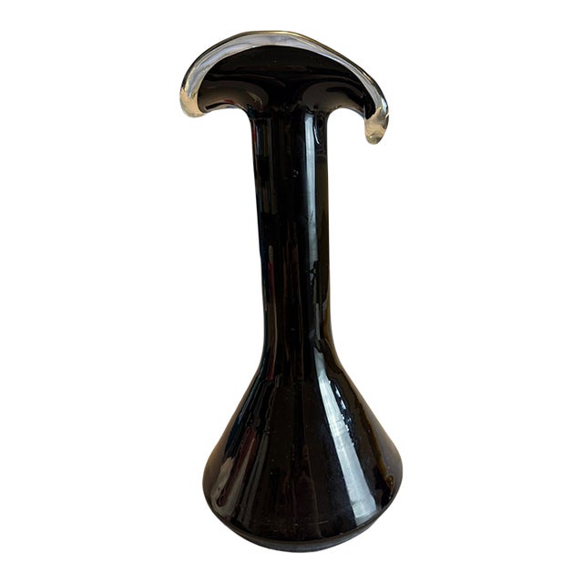 Vintage Murano Style Black Amethyst Sommerso Art Glass Saddle Rim Chimney Vase For Sale