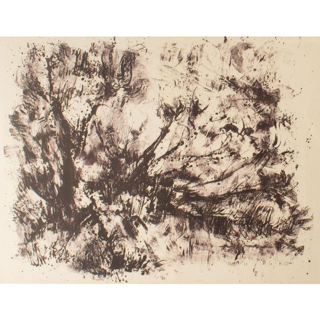 A lithograph print by the American artist Joan Farrar. Titled "Tempest in the Wilderness," this abstract work depicts a...