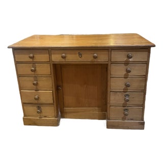 Antique Pine 11 Drawer Kneehole Desk With Matching Wooden Knobs For Sale