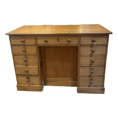 Antique Pine 11 Drawer Kneehole Desk With Matching Wooden Knobs For Sale