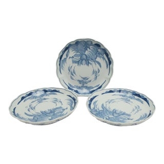 Japanese Blue & White Sansu Sometsuke Mountain Landscape Village Plate Set of 3 For Sale