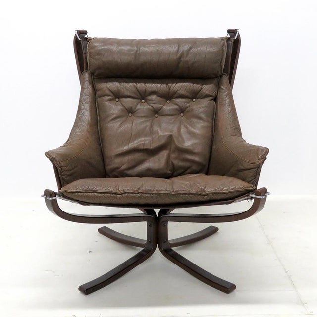 wonderful large version “Falcon” lounge chair by Sigurd Resell for Vatne Møbler, Norway, tuffed chocolate colored leather...