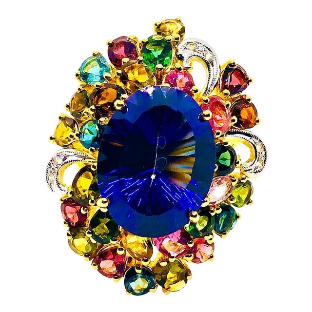 Bochic “Capri” Vintage Multi Sapphire, Amethyst & Diamond Ring Set In 18K Gold & Silver For Sale